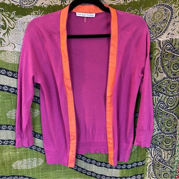 🚨FINAL OFFER Trina Turk Pink/ Orange Open Front Colorblock Cardigan Size Medium - Picture 1 of 12